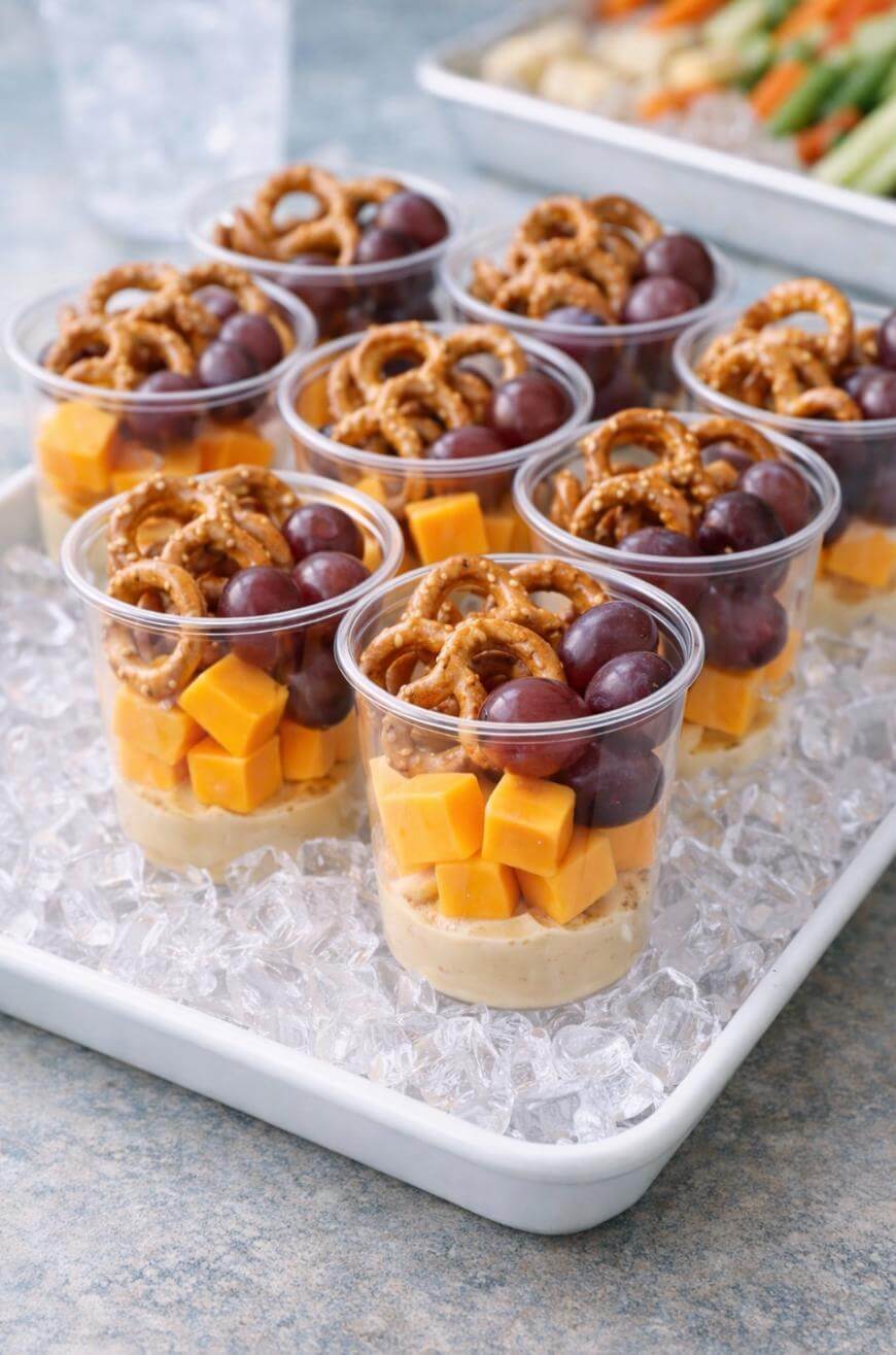 Clear plastic cups filled with cubes of cheddar cheese, red grapes, and pretzels are arranged on a tray of ice. A tray of vegetables is partially visible in the background.