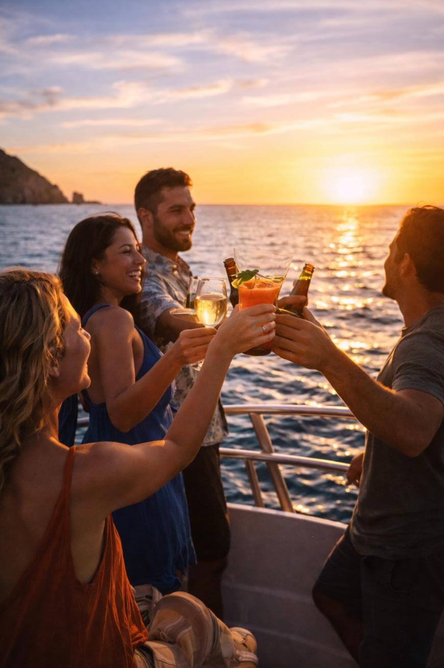Four people raising drinks and smiling on a boat at sunset, with the ocean and colorful sky in the background.