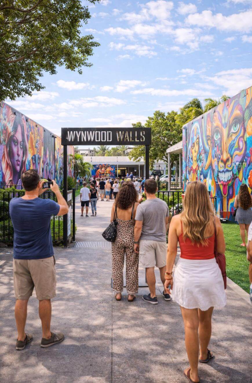People walk toward the entrance of Wynwood Walls, surrounded by colorful street art murals on both sides. Trees and a partly cloudy sky are visible overhead, and one person is taking a photo.