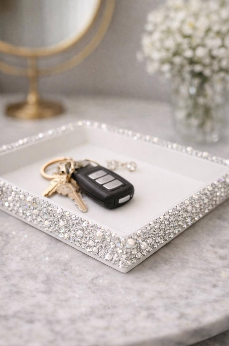 A set of keys with a black car key fob resting in a white tray decorated with sparkling rhinestones, placed on a marble surface. In the background, there is a round mirror and a vase of white flowers.