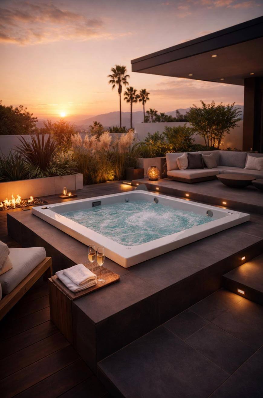 A modern outdoor hot tub on a patio at sunset, surrounded by plants, palm trees, and soft lighting. Towels and two glasses of champagne rest on the edge, with cozy seating and a fire feature nearby.