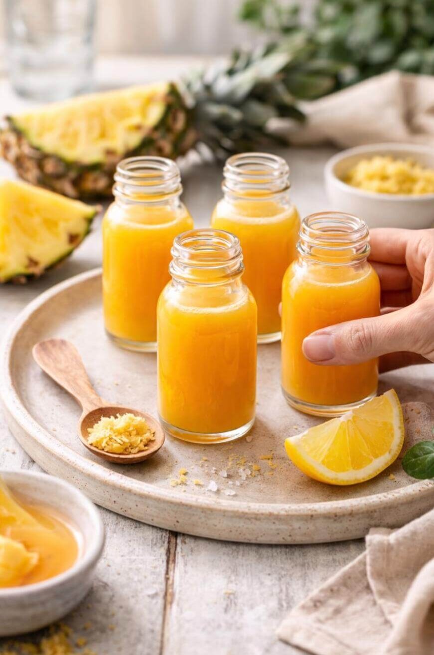 Four small glass bottles filled with bright yellow juice are on a round plate, surrounded by lemon wedges, pineapple slices, and a spoonful of grated ginger. A hand is picking up one bottle.