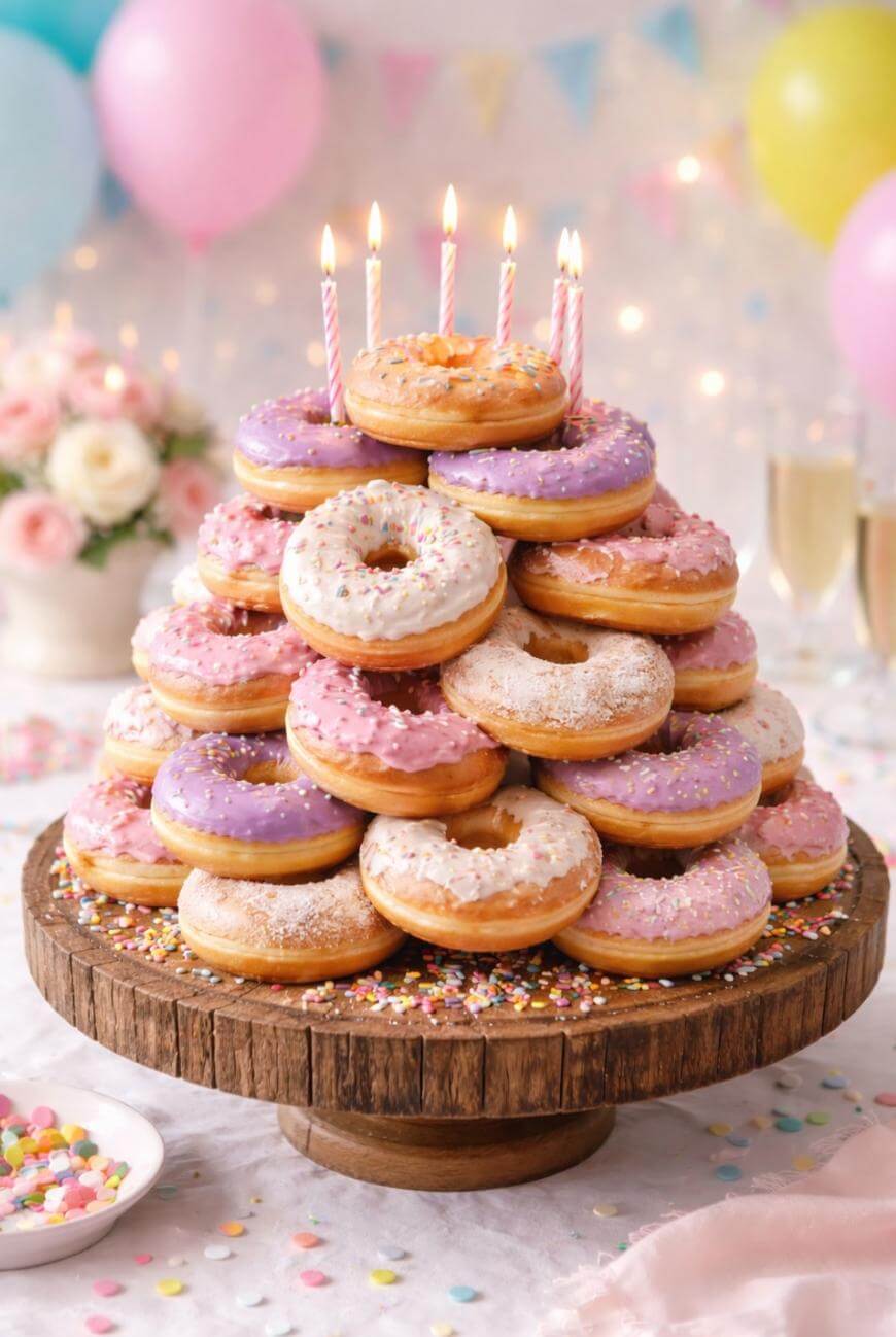 A tiered wooden stand displays a pyramid of pink, purple, and white frosted donuts with sprinkles. The top donut holds lit birthday candles. Balloons, flowers, and party decorations are visible in the background.