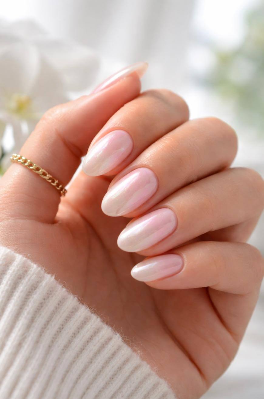 A hand with almond-shaped nails painted in a glossy, pale pink polish, wearing a delicate gold chain ring, and a cream-colored sweater sleeve partially visible. The background is softly blurred with white tones.