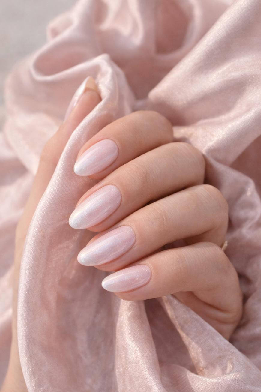 A hand with long, almond-shaped nails painted in a soft, pearlescent pink shade, holding a light pink, silky fabric.