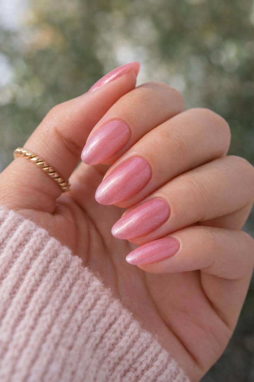 A hand with long, almond-shaped nails painted with shimmery light pink polish, wearing a gold twisted ring and a light pink knit sweater, held against a blurred outdoor background.