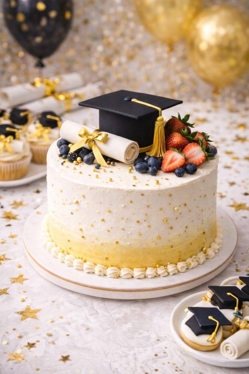 A white and gold graduation cake topped with a graduation cap, diploma, strawberries, and blueberries. Surrounding the cake are cupcakes and cookies decorated with mini graduation caps, with gold balloons and confetti in the background.