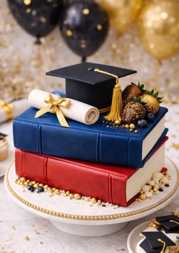 A graduation-themed cake shaped like two stacked books, one blue and one red, topped with a diploma, a graduation cap, and chocolate-covered strawberries. The cake sits on a white plate with gold decorations.