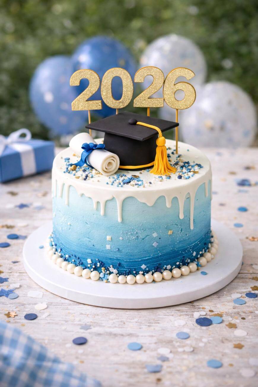 A blue and white drip cake decorated with sprinkles, a graduation cap, a diploma, and glittery gold 2026 toppers. Balloons and a gift are in the blurred background. Confetti is scattered on the table.