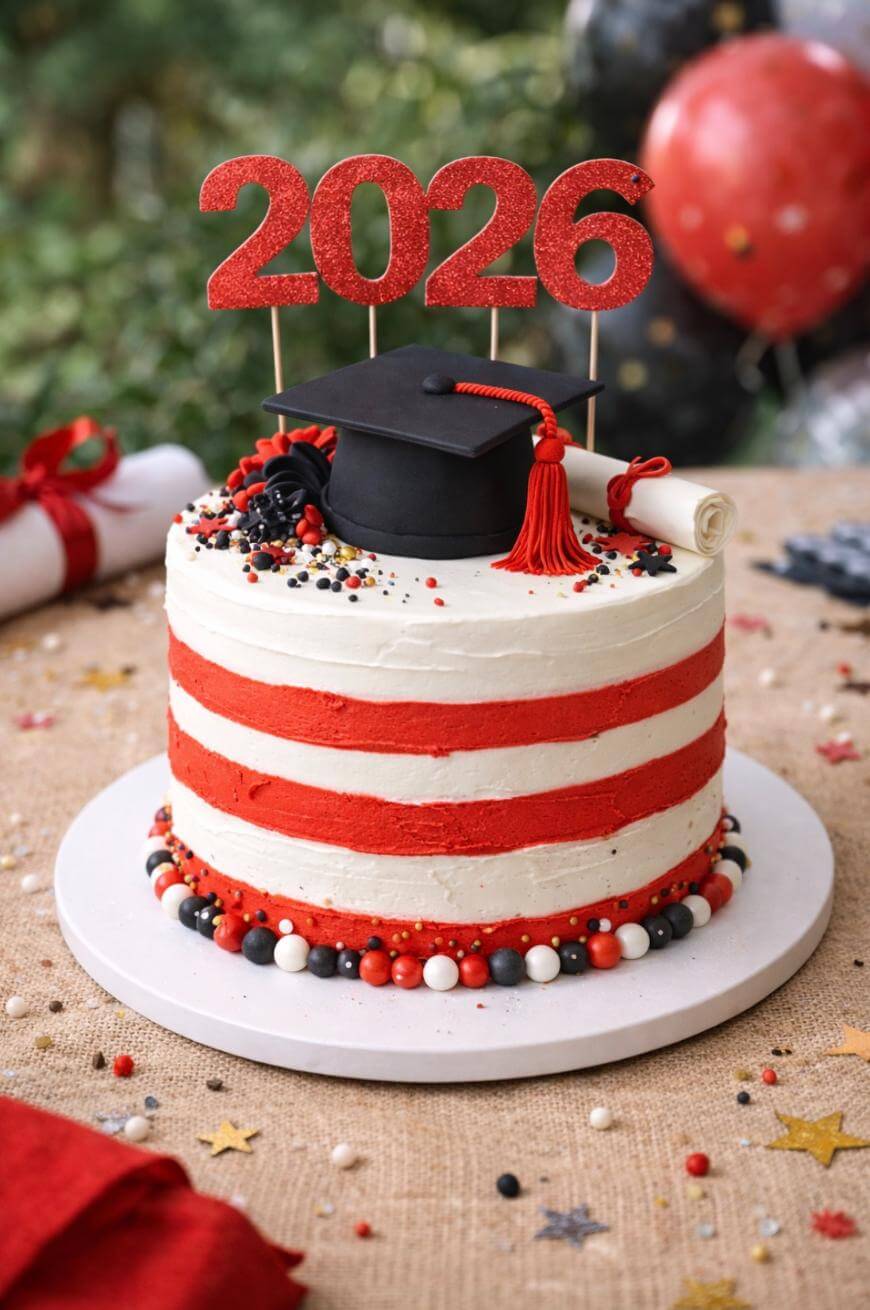 A white cake with red stripes is topped with a black graduation cap, a diploma, and red numbers 2026. The cake is decorated with red, black, and white candies and sits on a white platter. Balloons are blurred in the background.
