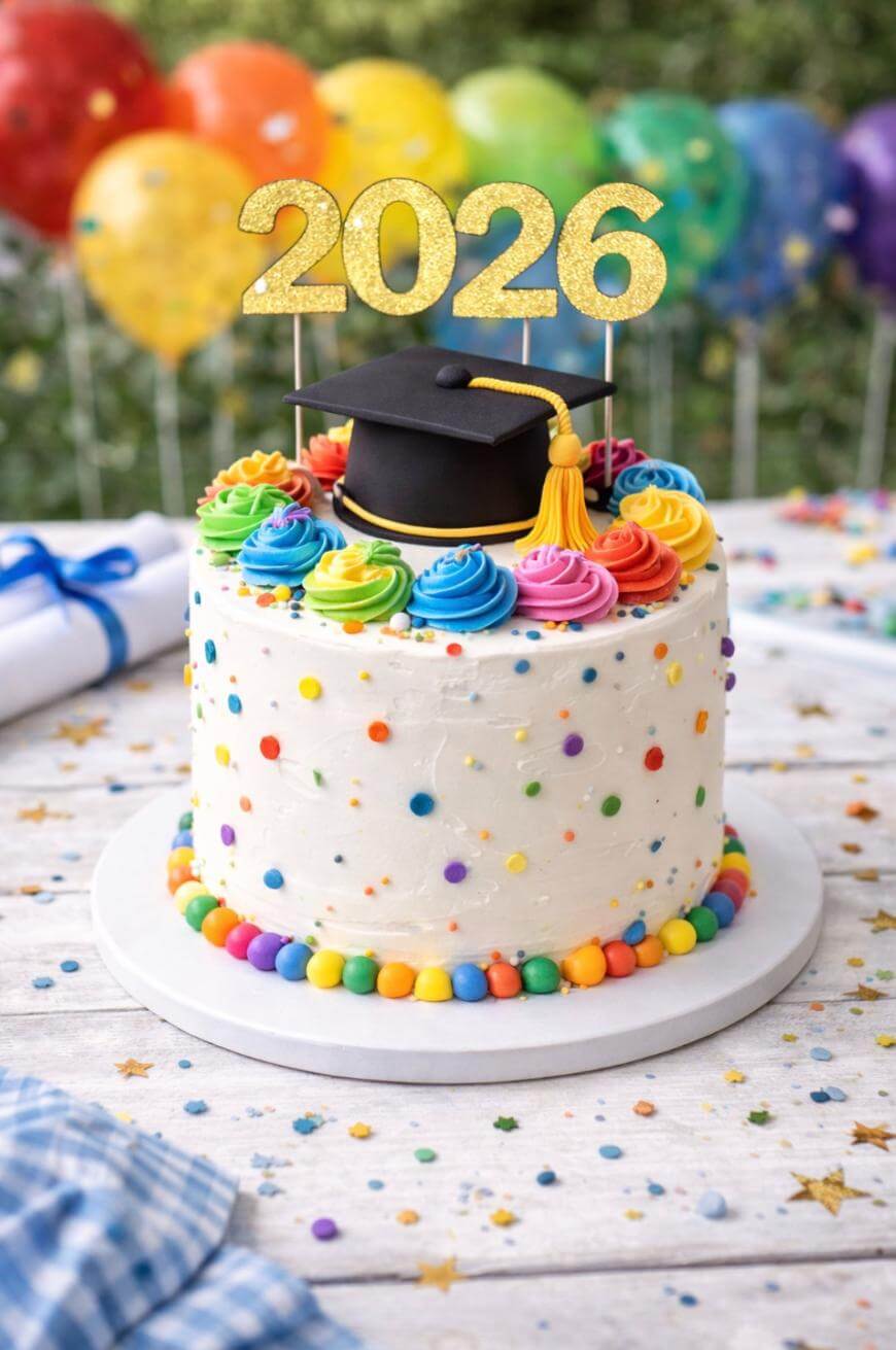 A white frosted cake decorated with colorful dots and swirls, topped with a black graduation cap and gold 2026 numbers. Balloons and confetti are visible in the background, suggesting a graduation celebration.