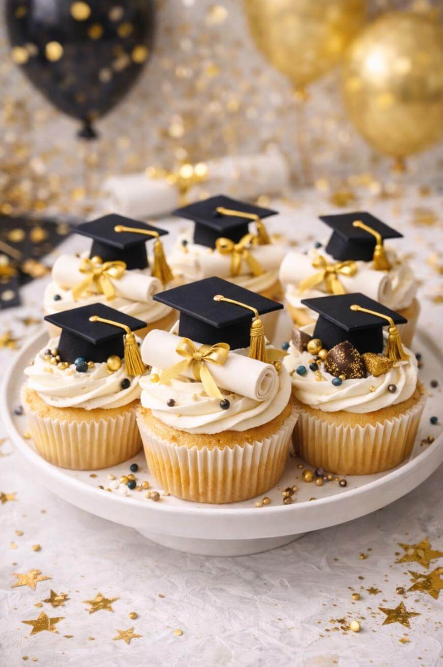 Six cupcakes with white frosting are decorated with miniature graduation hats, gold tassels, and small diploma scrolls. Gold, black, and white sprinkles add a festive touch. Balloons and confetti are in the blurred background.