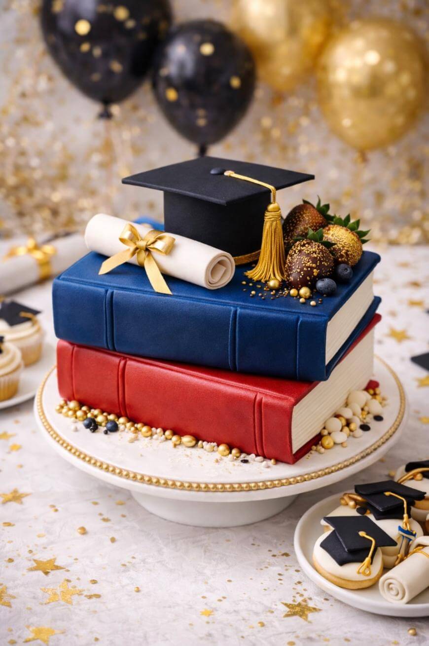 A cake shaped like two stacked books, decorated with an edible graduation cap, diploma, berries, and gold accents. Cupcakes and cookies with graduation-themed decorations surround the cake; gold and black balloons are in the background.