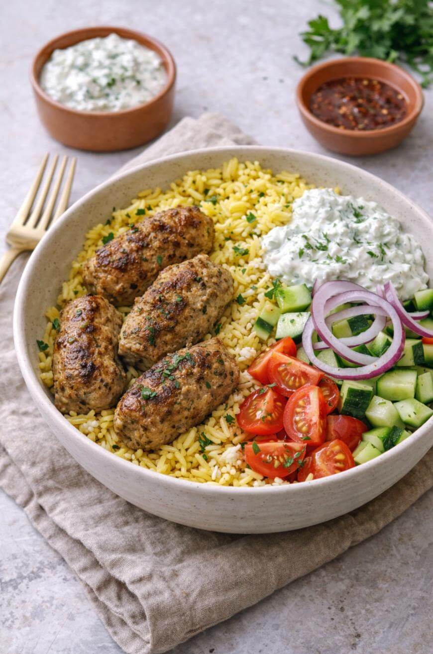 A bowl with yellow rice, grilled meat kebabs, sliced cucumber, cherry tomatoes, red onion, and a dollop of tzatziki, served with sauces on the side and a gold fork beside the bowl.
