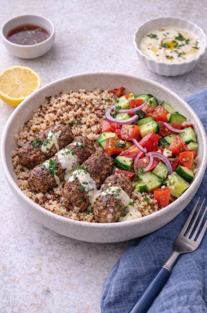A bowl with quinoa, falafel balls drizzled with white sauce, and a fresh salad of cucumbers, tomatoes, and red onion. A lemon half, a dip, and a blue napkin with a fork are beside the bowl.