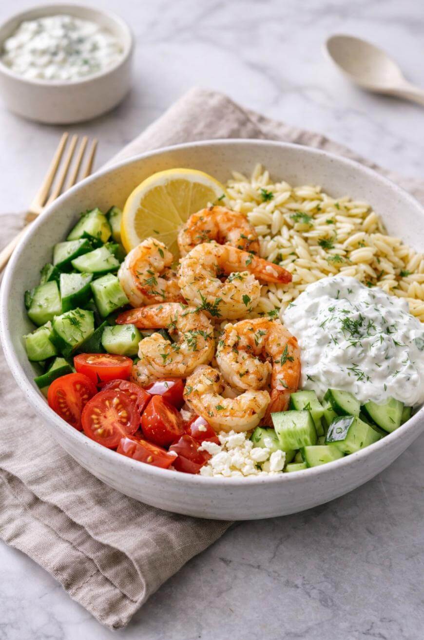 A bowl filled with grilled shrimp, chopped cucumber, cherry tomatoes, orzo pasta, crumbled feta, and a dollop of tzatziki sauce, garnished with fresh herbs and a lemon slice. A small bowl of sauce and utensils are beside it.