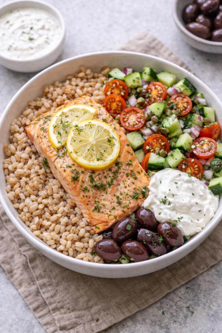 A bowl with cooked salmon topped with lemon slices, served over brown rice with kalamata olives, sliced cucumber, cherry tomatoes, red onion, and a dollop of tzatziki sauce. A small bowl of sauce and olives are in the background.