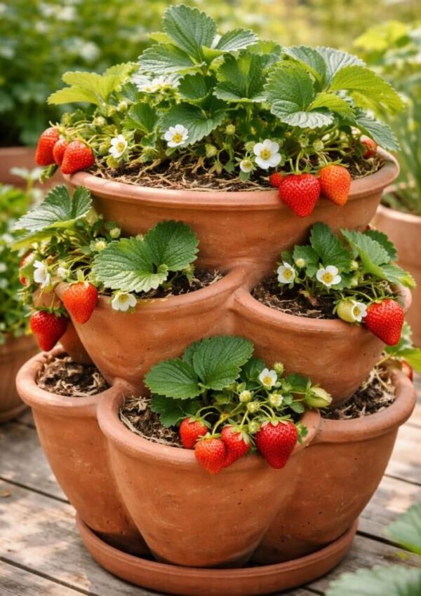 A tiered arrangement of stacked terracotta pots filled with lush strawberry plants, green leaves, white blossoms, and ripe red strawberries, placed outdoors on a wooden surface.