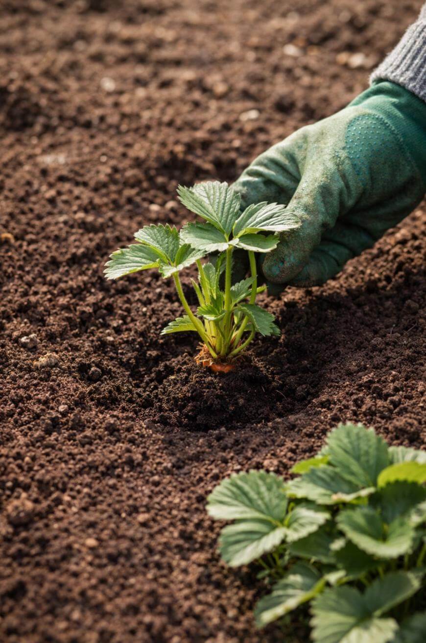 A gloved hand is planting a young strawberry plant into rich, dark soil, with another strawberry plant visible in the foreground.