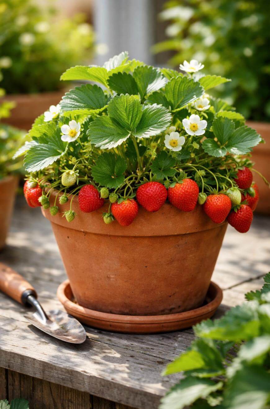A terracotta pot filled with a strawberry plant, featuring green leaves, white flowers, and ripe red strawberries, sits on a wooden surface beside a gardening trowel.
