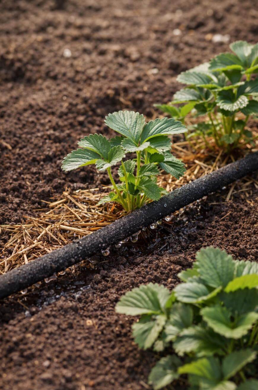 Young strawberry plants growing in rows in brown soil, with a drip irrigation hose watering them. Straw mulch surrounds the base of each plant.
