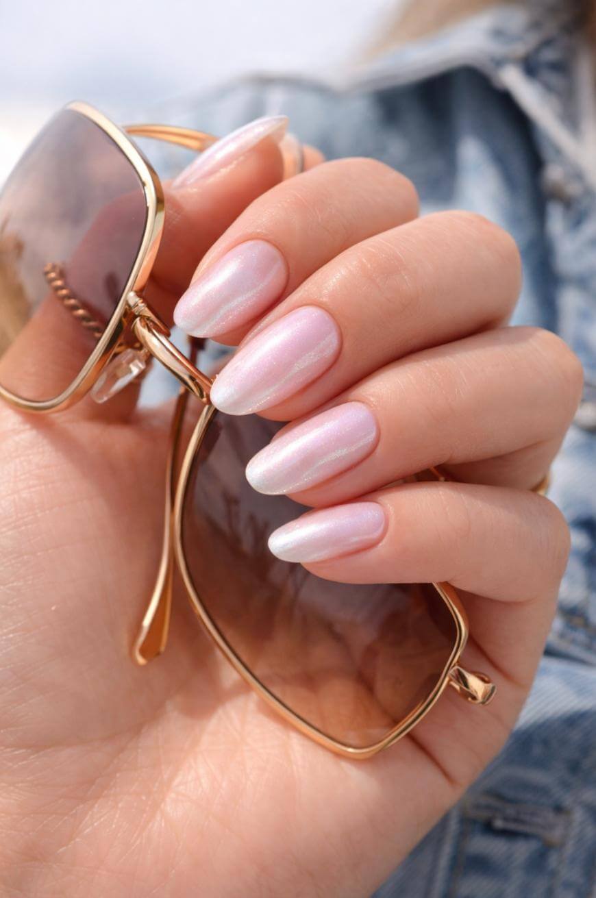 A hand with long, almond-shaped nails painted in shimmery, pale pink polish holds gold-framed sunglasses. The person is wearing a denim jacket.