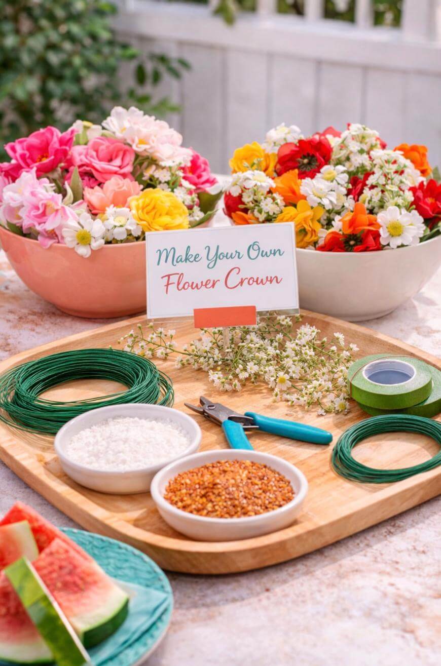 A wooden tray holds floral wire, tape, pliers, flowers, and small bowls of beads. Behind it are two bowls filled with colorful flowers. A sign on the tray reads, “Make Your Own Flower Crown.” Slices of watermelon are in front.