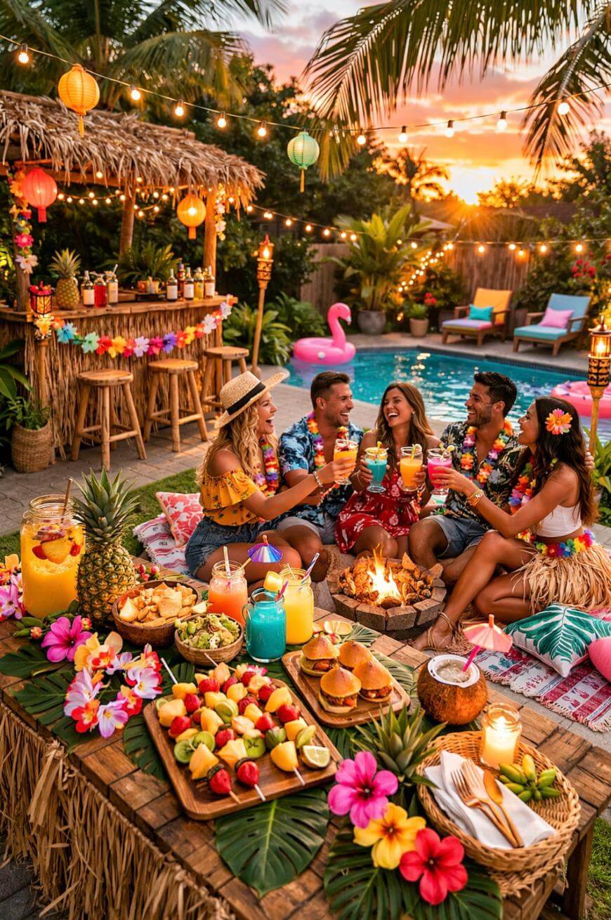 Five friends sit around a fire pit in a tropical-themed backyard, enjoying colorful drinks and food. String lights, tiki bar, pool, and palm trees create a festive summer party atmosphere at sunset.