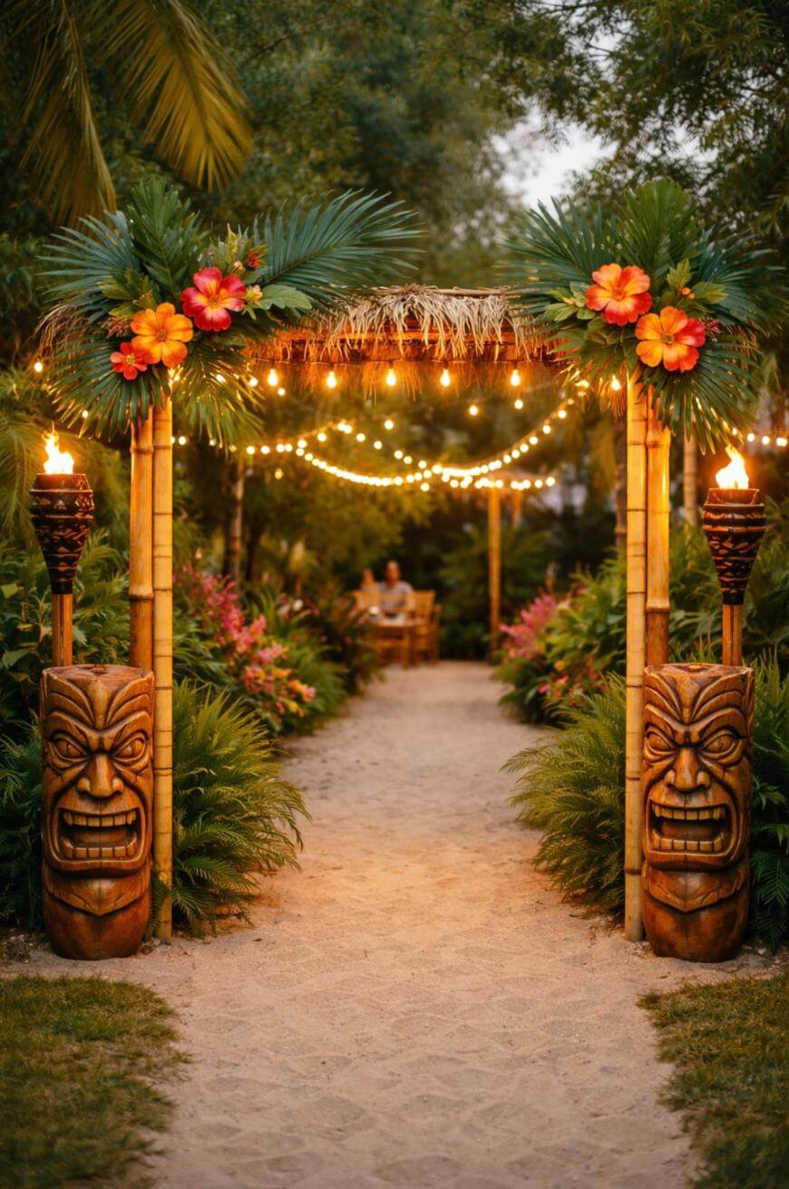 A tropical pathway with tiki torches and a bamboo arch decorated with palm leaves and bright flowers, leading to a table where two people sit, surrounded by lush greenery and string lights.