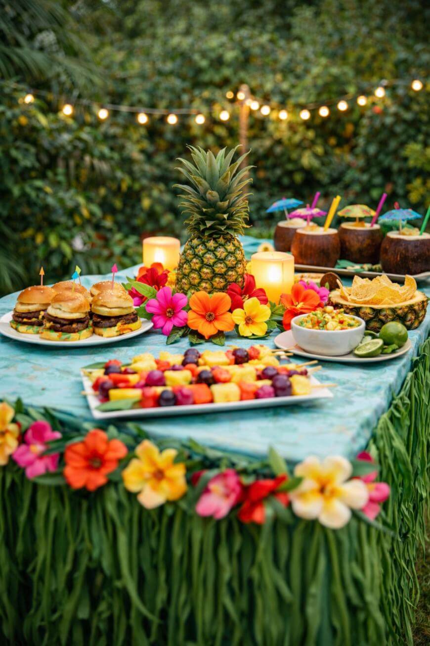A tropical-themed outdoor table with colorful flowers, a pineapple centerpiece, mini burgers, fruit skewers, chips with dip, candles, and coconut drinks, set against greenery and string lights in the background.