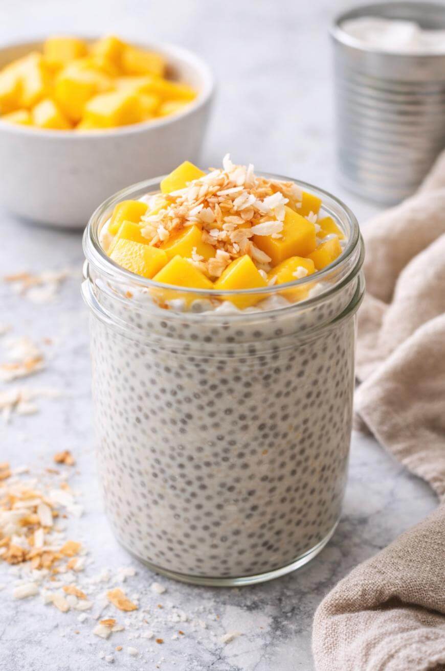 A glass jar filled with chia pudding topped with diced mango and toasted coconut flakes sits on a light surface. A bowl of more diced mango and scattered coconut flakes are in the background.