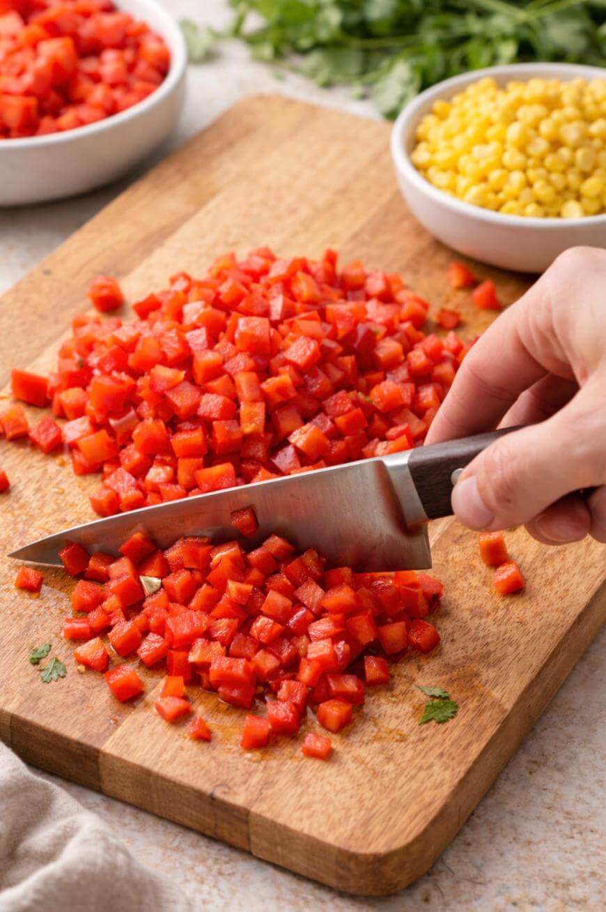 A hand chopping red bell pepper into small cubes on a wooden cutting board, with bowls of chopped bell pepper and yellow corn in the background.