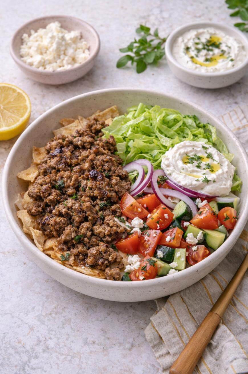 A bowl filled with seasoned ground meat, shredded lettuce, sliced red onions, tomato and cucumber salad with feta, pita chips, and a dollop of tzatziki sauce. Bowls of feta and tzatziki are in the background.