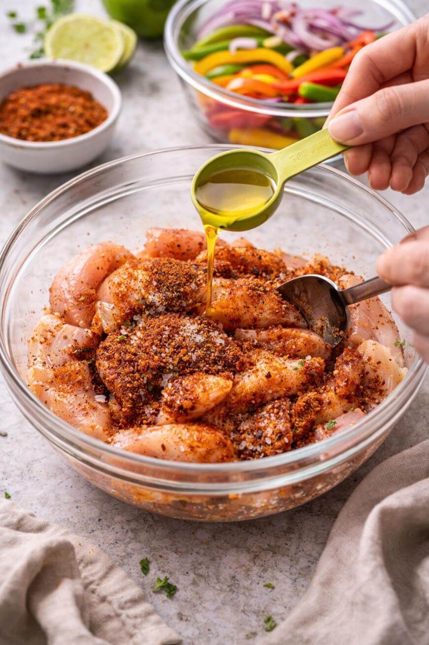 A hand pours olive oil from a measuring spoon over raw, seasoned chicken pieces in a glass bowl. Colorful sliced peppers and onions, spice mix, and lime are in the background on a kitchen counter.