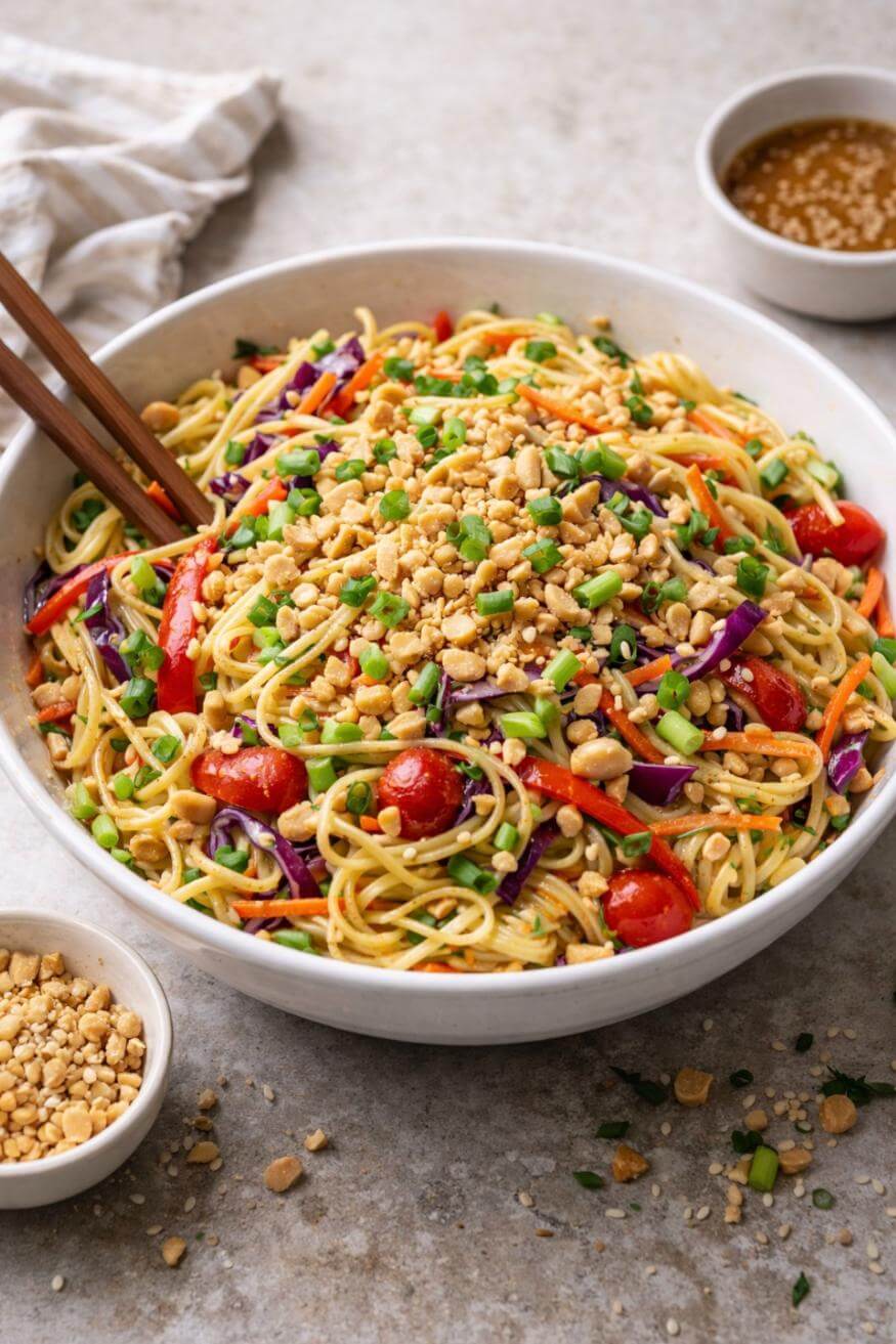 A bowl of colorful noodle salad with chopped peanuts, cherry tomatoes, shredded carrots, red cabbage, and green onions, placed on a light surface with chopsticks and small bowls of peanuts and sauce nearby.