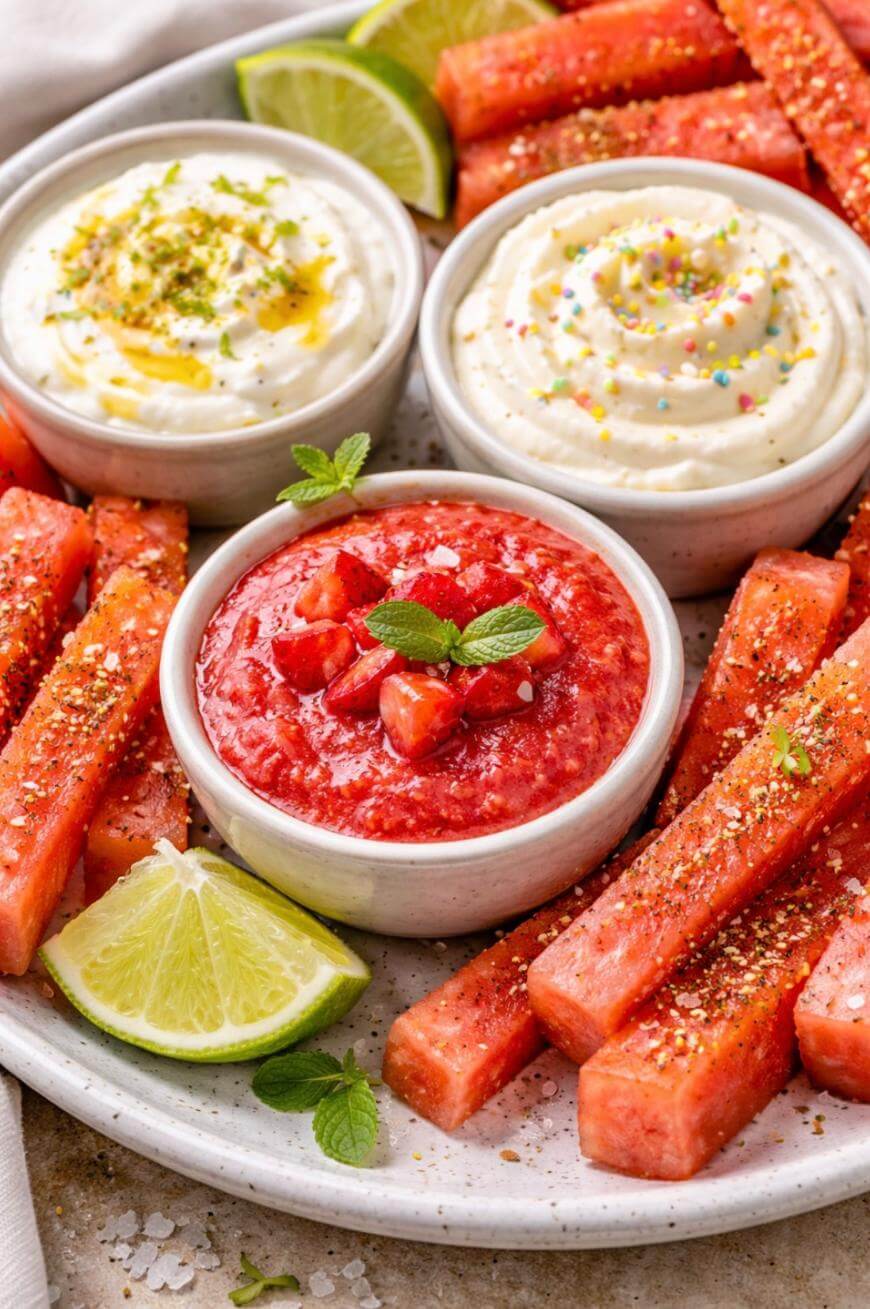 A plate of watermelon sticks topped with seasoning, served with three dips: creamy white dip with lime zest, creamy dip with sprinkles, and a red fruit dip garnished with strawberries and mint. Lime wedges are also on the plate.