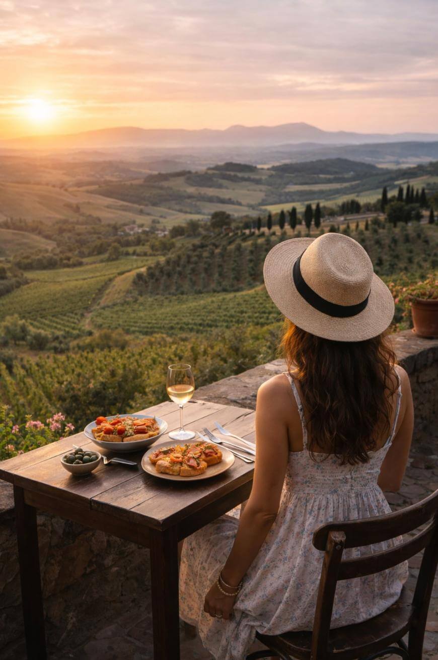 A woman in a sunhat and dress sits at a table with food and wine, overlooking rolling green hills and vineyards at sunset.