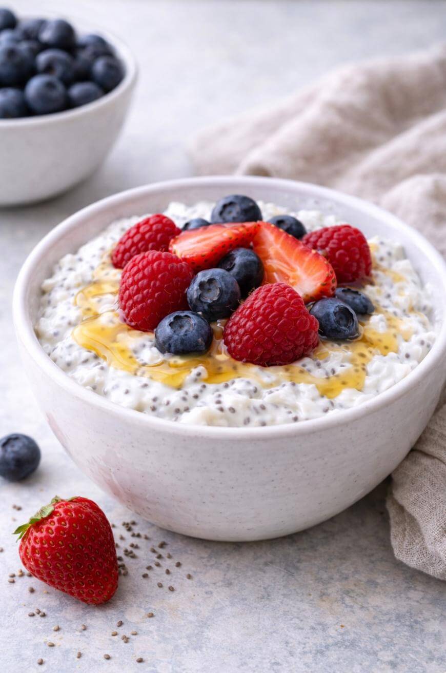 A bowl of chia pudding topped with fresh blueberries, raspberries, and sliced strawberries, drizzled with honey. A bowl of blueberries, a strawberry, and scattered chia seeds are nearby.