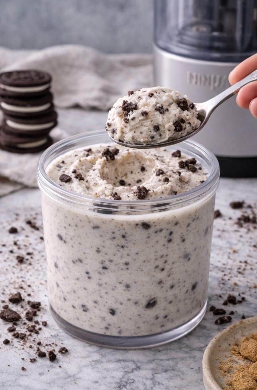 A glass jar filled with cookies and cream ice cream, with cookie crumbles mixed in. A spoon lifts a portion above the jar. Stacked chocolate sandwich cookies and crumbs are on the marble surface beside it.