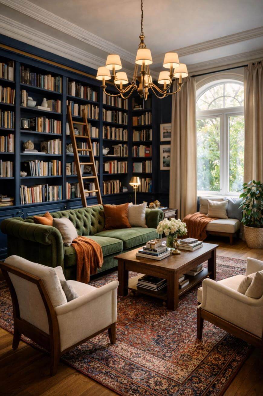 A cozy, elegant living room with a green tufted sofa, cream armchairs, a wooden coffee table, bookshelves filled with books, a ladder, a patterned rug, and a large arched window with cream curtains.
