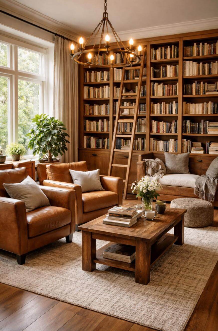 Cozy home library with floor-to-ceiling wooden bookshelves, a rolling ladder, tan leather armchairs, a rustic coffee table, chandelier, and a large window with natural light and greenery.