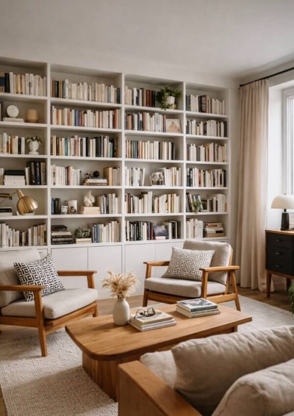 A cozy living room with wooden armchairs, a low coffee table, and a large wall of bookshelves filled with books and decor. Soft natural light enters through a window with beige curtains.
