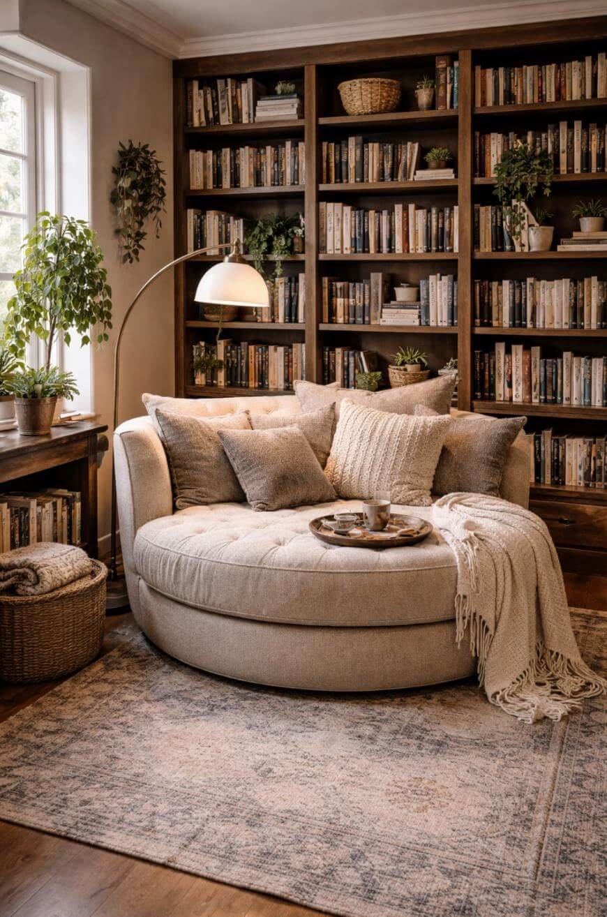 A cozy reading nook with a round beige sofa, textured pillows, and a throw blanket, set in front of tall wooden bookshelves filled with books and plants. A floor lamp and a tray with cups add warmth to the inviting space.