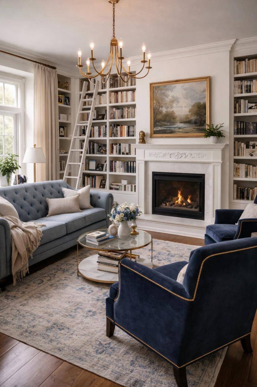 Elegant living room with a chandelier, blue tufted sofa, two navy armchairs, marble coffee table, fireplace with a landscape painting above, built-in bookshelves, a ladder, and a large window with light curtains.