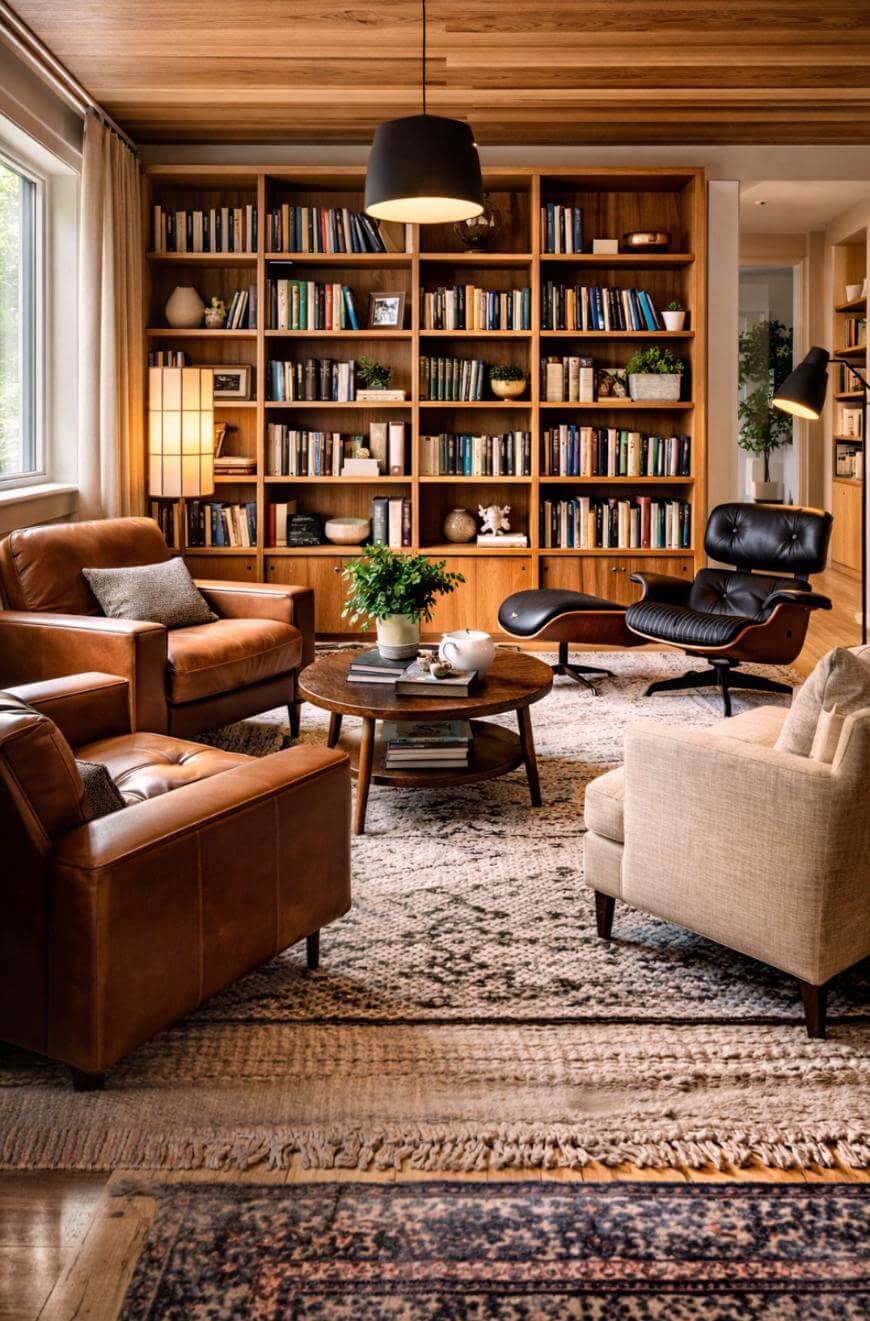 Cozy living room with leather and fabric armchairs, a modern lounge chair, round coffee table, potted plants, rugs, large bookshelf filled with books and decor, warm lighting, and wooden ceiling.