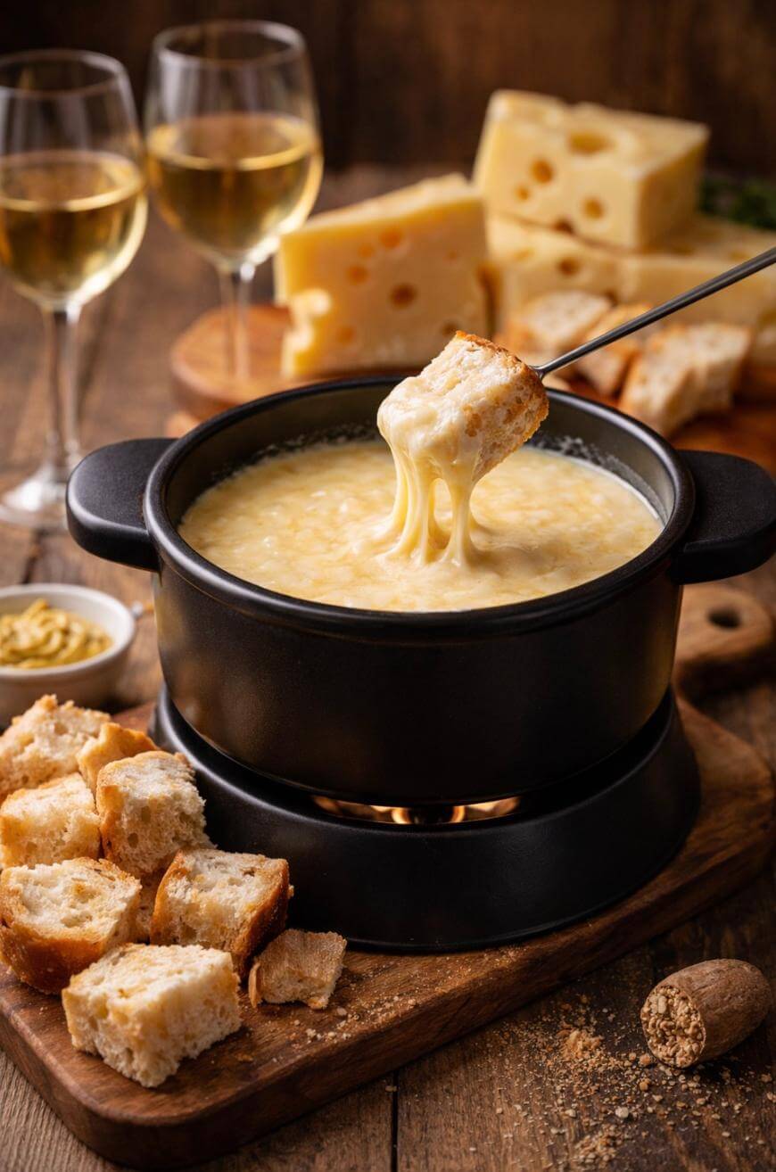 A black fondue pot filled with melted cheese sits on a wooden table. A fork lifts a piece of bread dipped in cheese. Cubes of bread, cheese blocks, wine glasses, and a cork surround the pot.