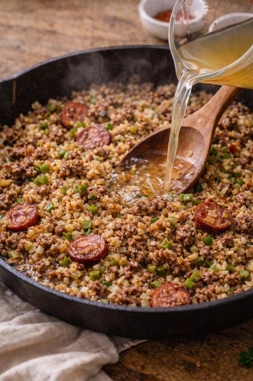 A wooden spoon stirs a skillet filled with rice, ground meat, sliced sausage, and diced green peppers as broth is poured in from a measuring cup. Steam rises from the sizzling ingredients.