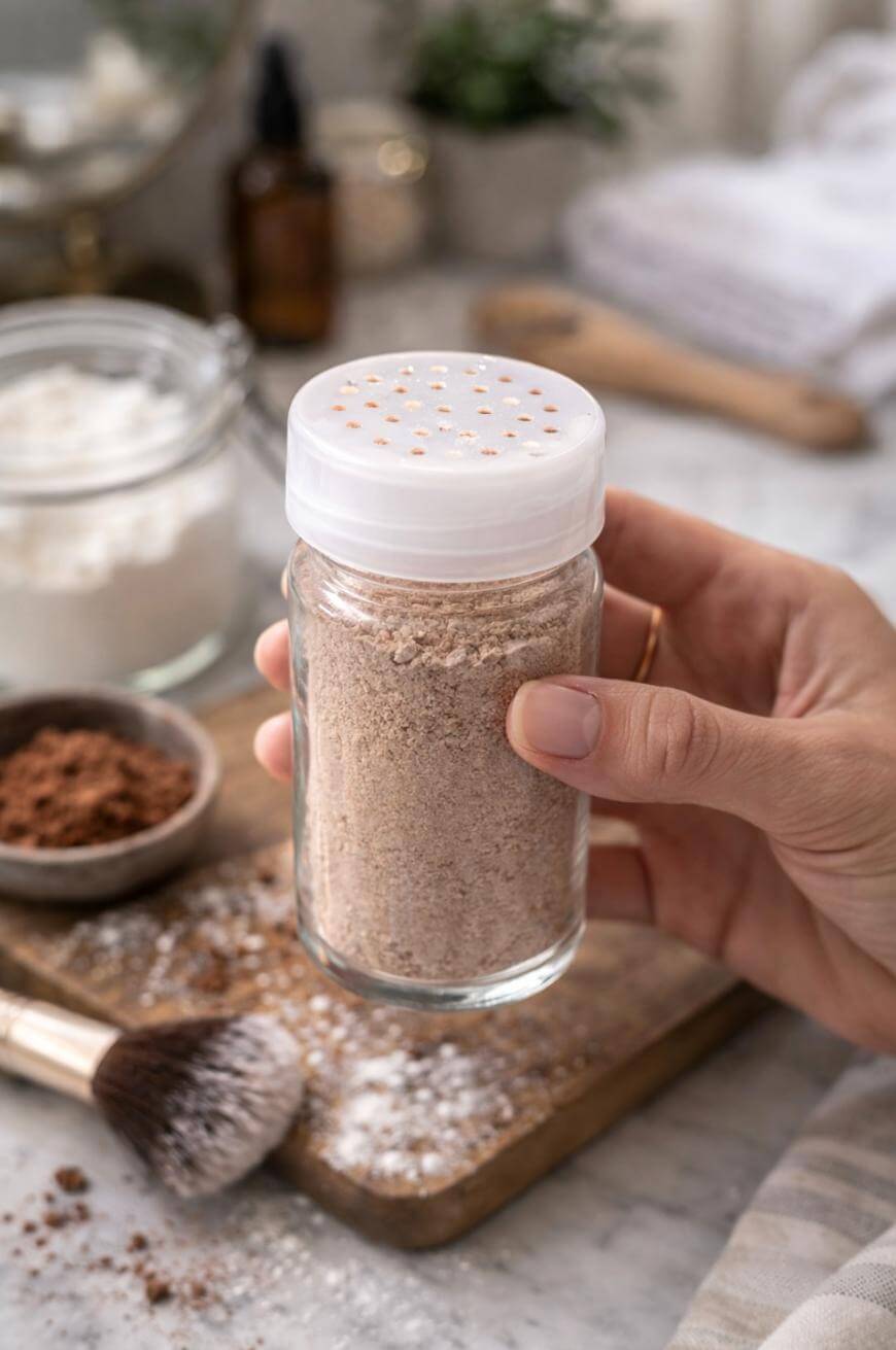 A hand holds a clear shaker jar filled with loose powder. In the background, a makeup brush, a small bowl of powder, and a jar are on a countertop, suggesting a homemade cosmetic or setting powder.