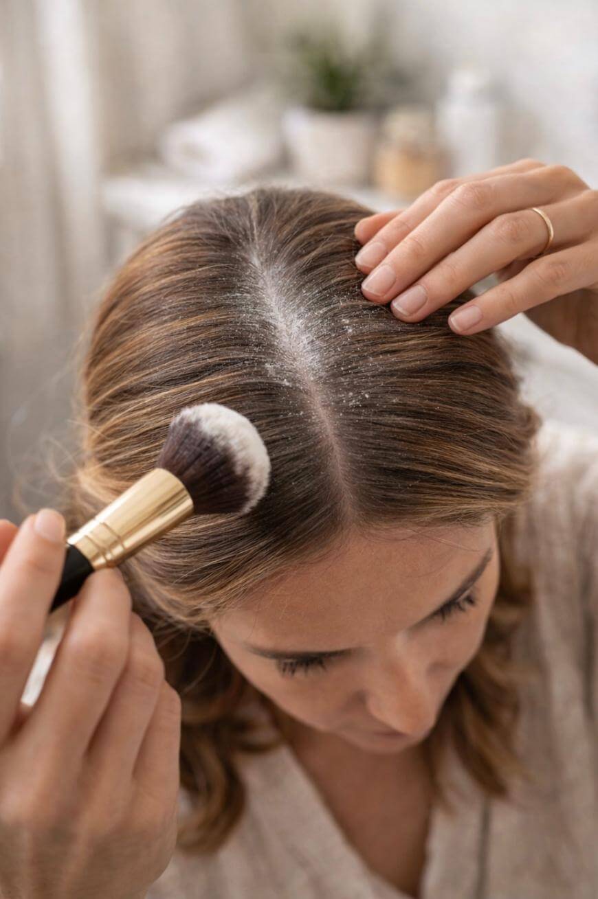A person applies dry shampoo powder to their scalp using a makeup brush, parting their brown hair to expose the roots.