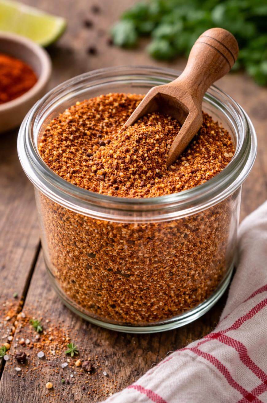 A glass jar filled with a coarse, reddish-brown spice blend sits on a wooden table, with a small wooden scoop resting inside. A striped cloth and herbs are visible nearby.